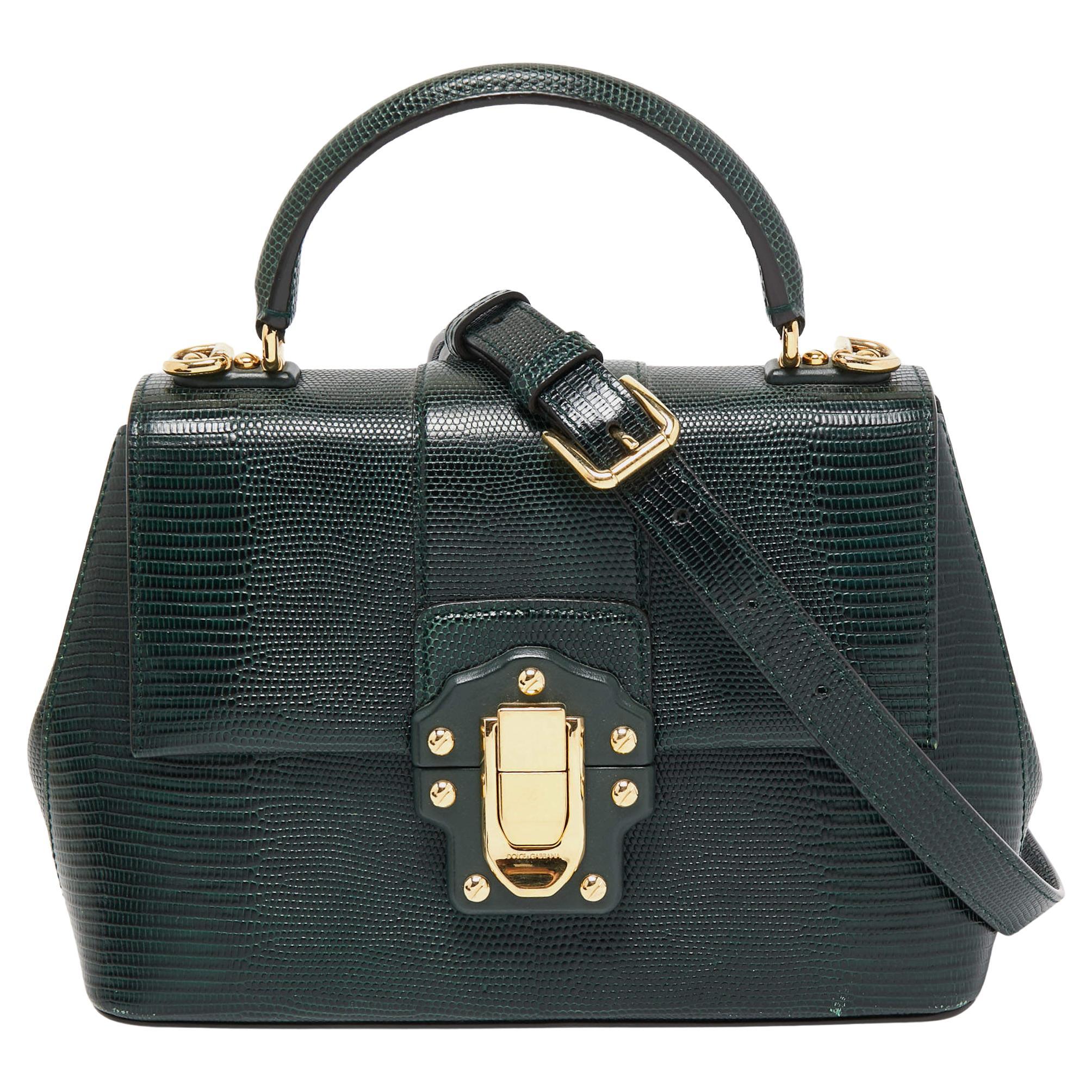 Dolce & Gabbana Dark Green Lizard Embossed Leather Medium Lucia Top Handle Bag