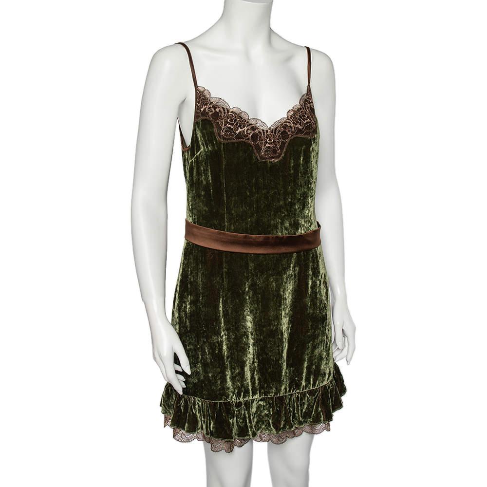 Black Dolce & Gabbana Dark Green Velvet Contrast Lace Trim Slip Dress L For Sale