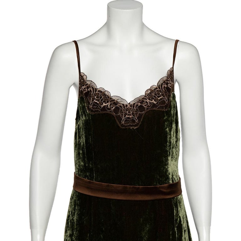 Women's Dolce & Gabbana Dark Green Velvet Contrast Lace Trim Slip Dress L For Sale