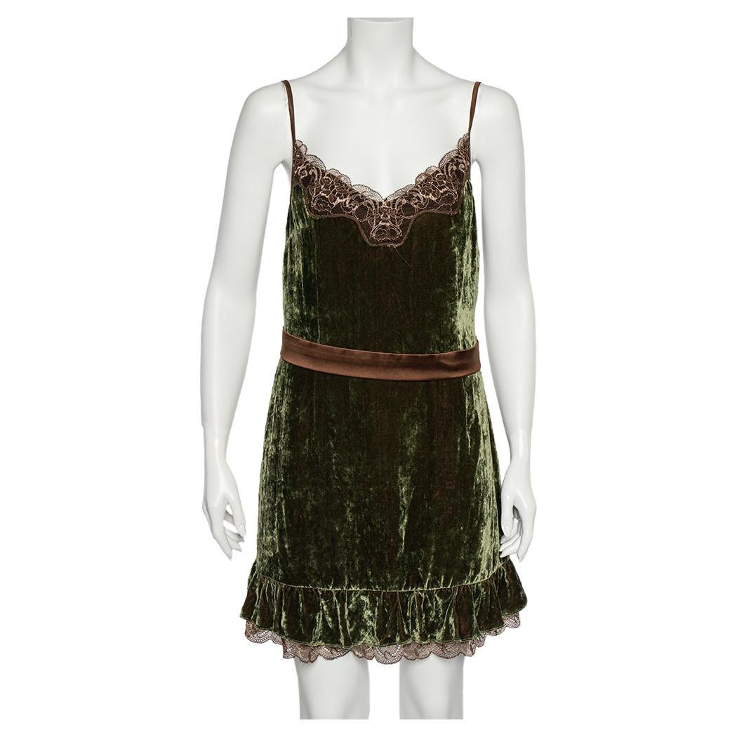 Dolce & Gabbana - Robe-culotte en velours vert foncé bordée de dentelle contrastée L en vente