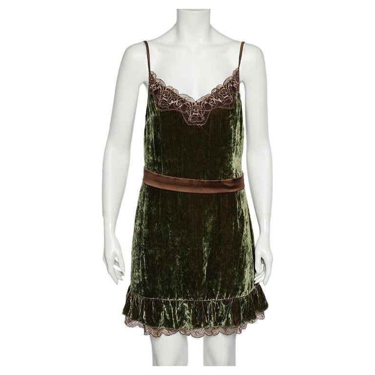 Dolce & Gabbana Dark Green Velvet Contrast Lace Trim Slip Dress L For Sale