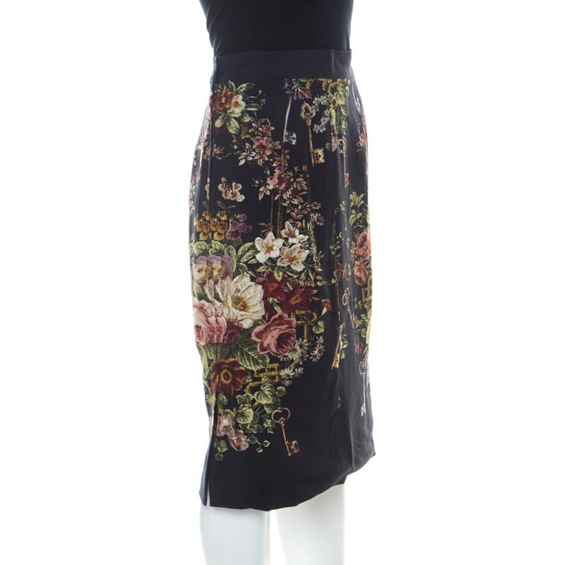 Black Dolce & Gabbana Dark Grey Floral Print Crepe Sheath Skirt S