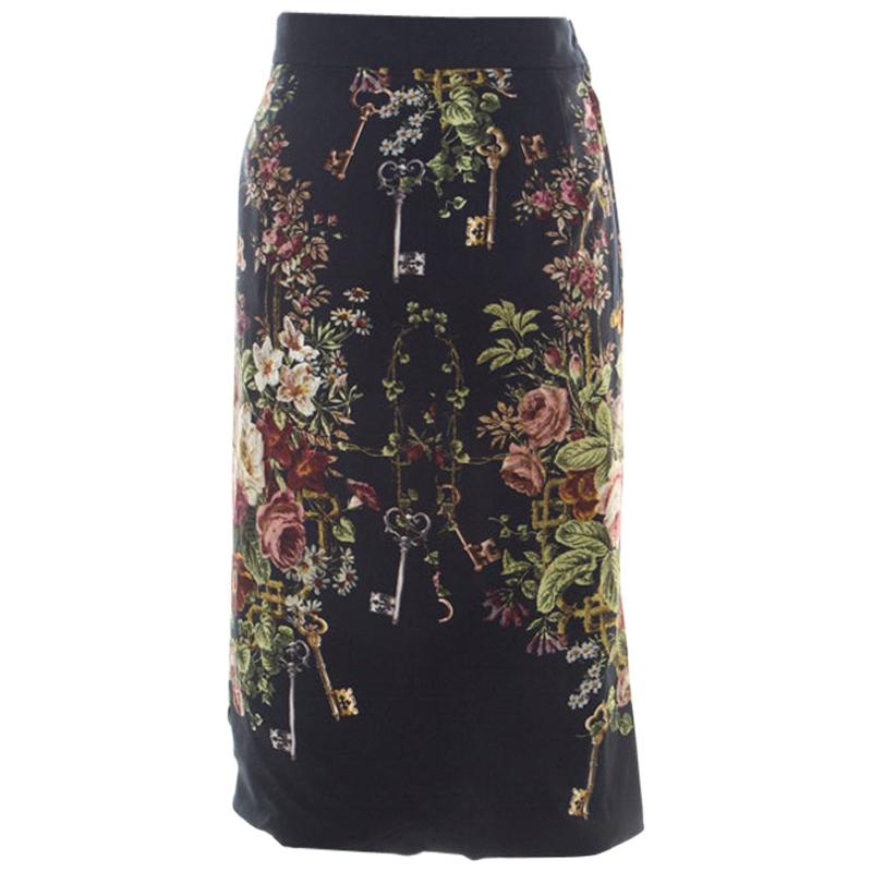 Dolce & Gabbana Dark Grey Floral Print Crepe Sheath Skirt S