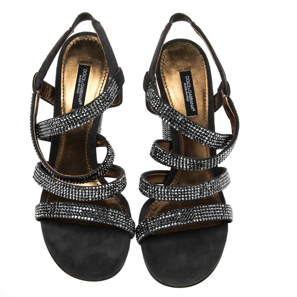 Dolce & Gabbana Dark Grey Suede Crystal Embellished Strappy Sandals Size 38.5 In Excellent Condition For Sale In Dubai, Al Qouz 2
