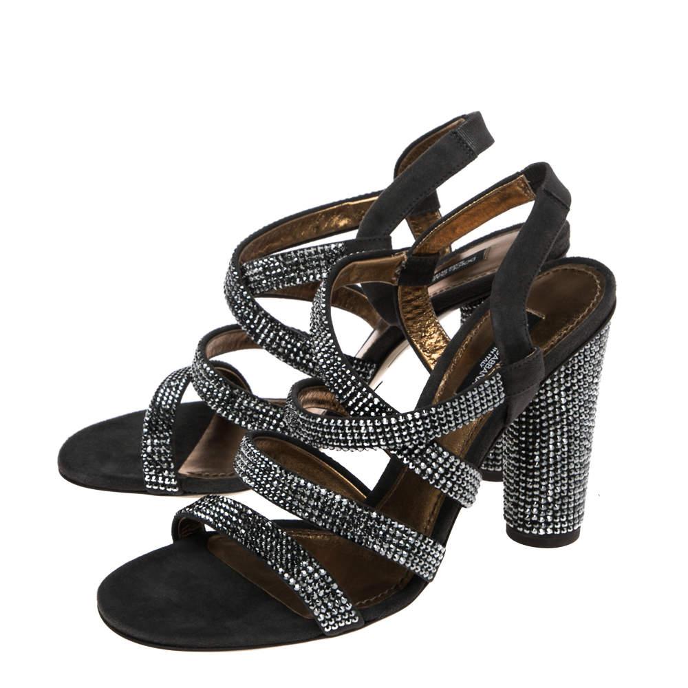 Dolce & Gabbana Dark Grey Suede Crystal Embellished Strappy Sandals Size 38.5 In New Condition In Dubai, Al Qouz 2