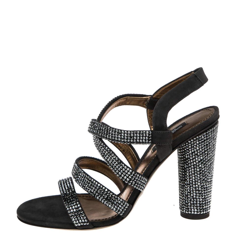Women's Dolce & Gabbana Dark Grey Suede Crystal Embellished Strappy Sandals Size 38.5 For Sale