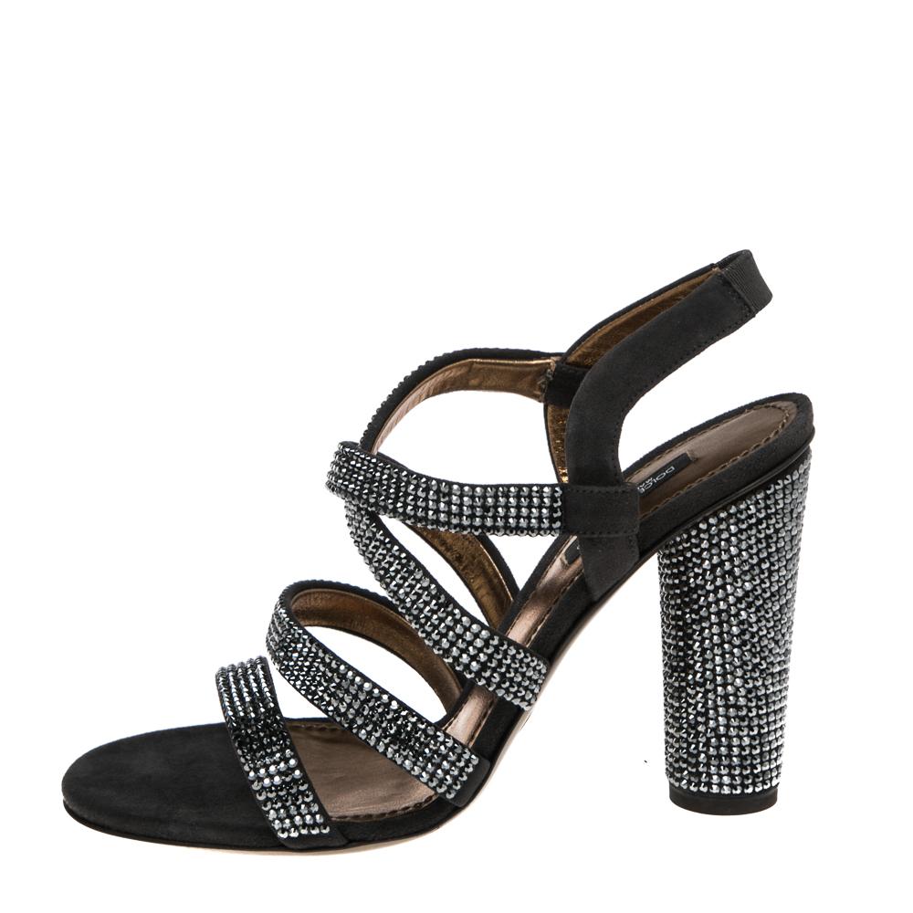 Women's Dolce & Gabbana Dark Grey Suede Crystal Embellished Strappy Sandals Size 38.5