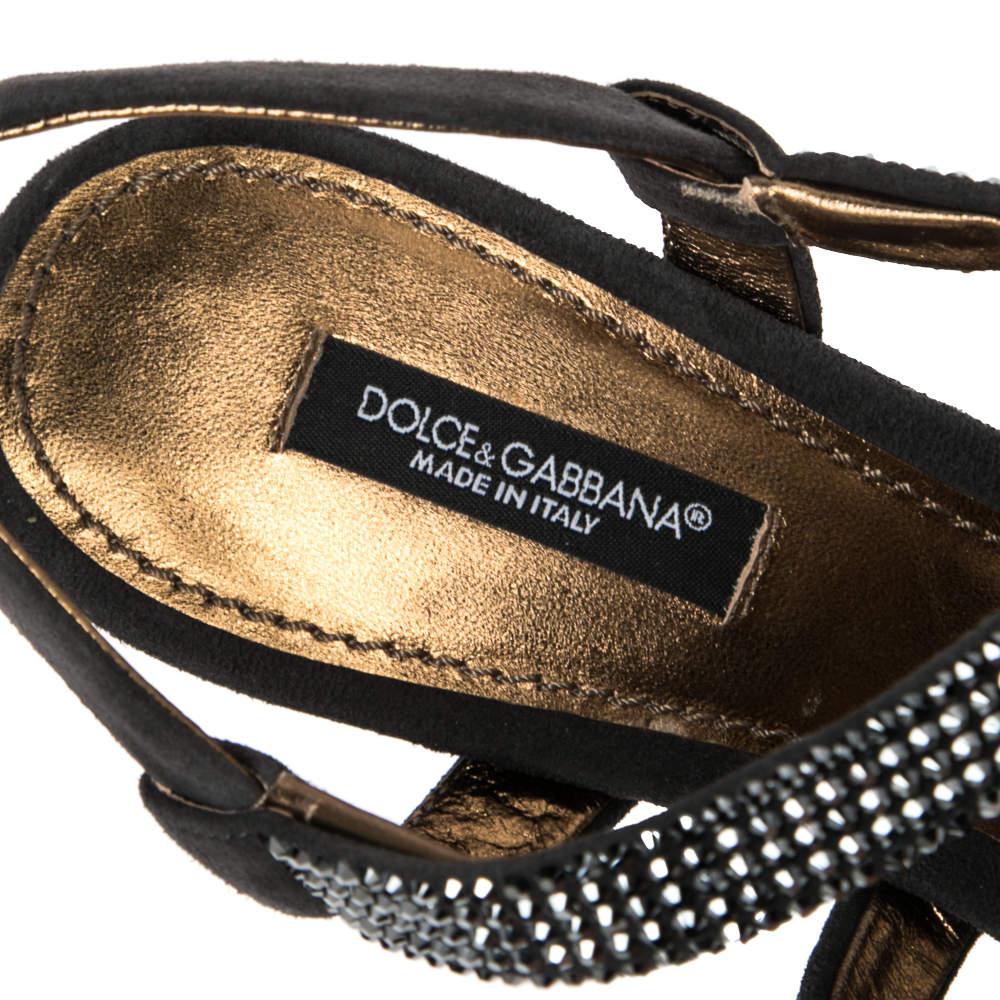 Women's Dolce & Gabbana Dark Grey Suede Crystal Embellished Strappy Sandals Size 38.5