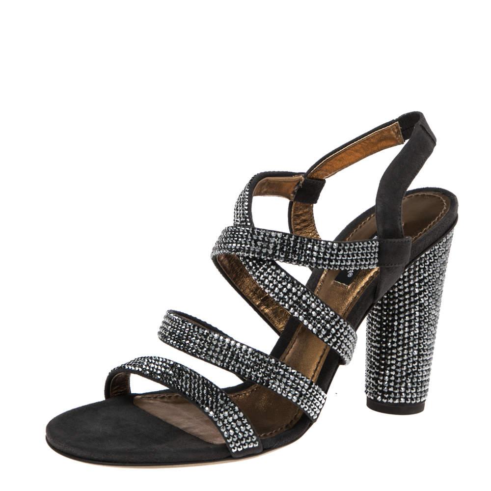 Dolce & Gabbana Dark Grey Suede Crystal Embellished Strappy Sandals Size 38.5 2