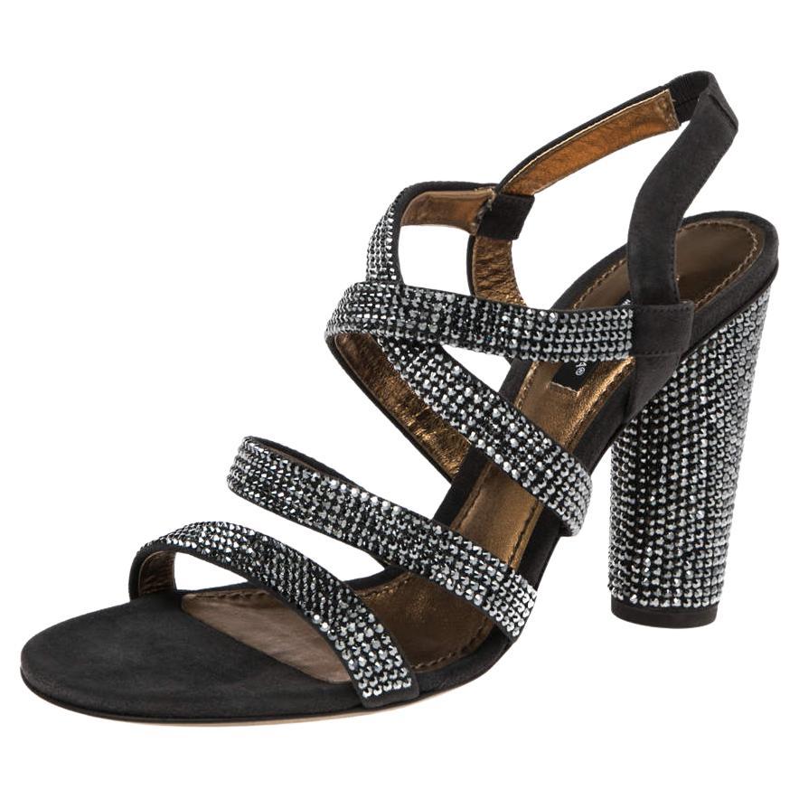 Dolce & Gabbana Dark Grey Suede Crystal Embellished Strappy Sandals Size 38.5 For Sale