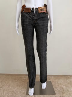 Dolce & Gabbana Dark Grey Washed Denim Jeans with Multi-Logo Label Waist Detail