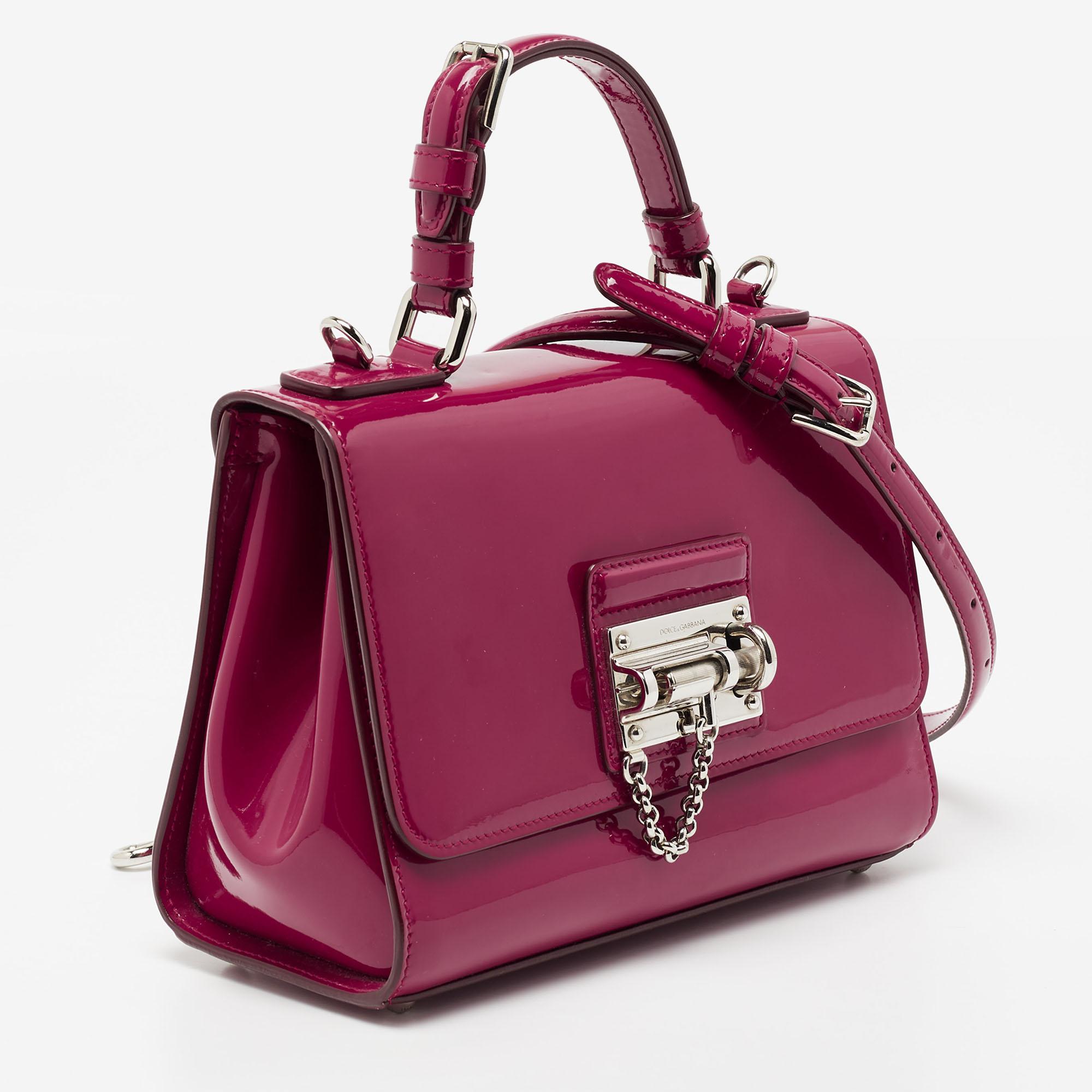 Dolce & Gabbana Dark Pink Patent Leather Small Miss Monica Top Handle Bag In Good Condition In Dubai, Al Qouz 2