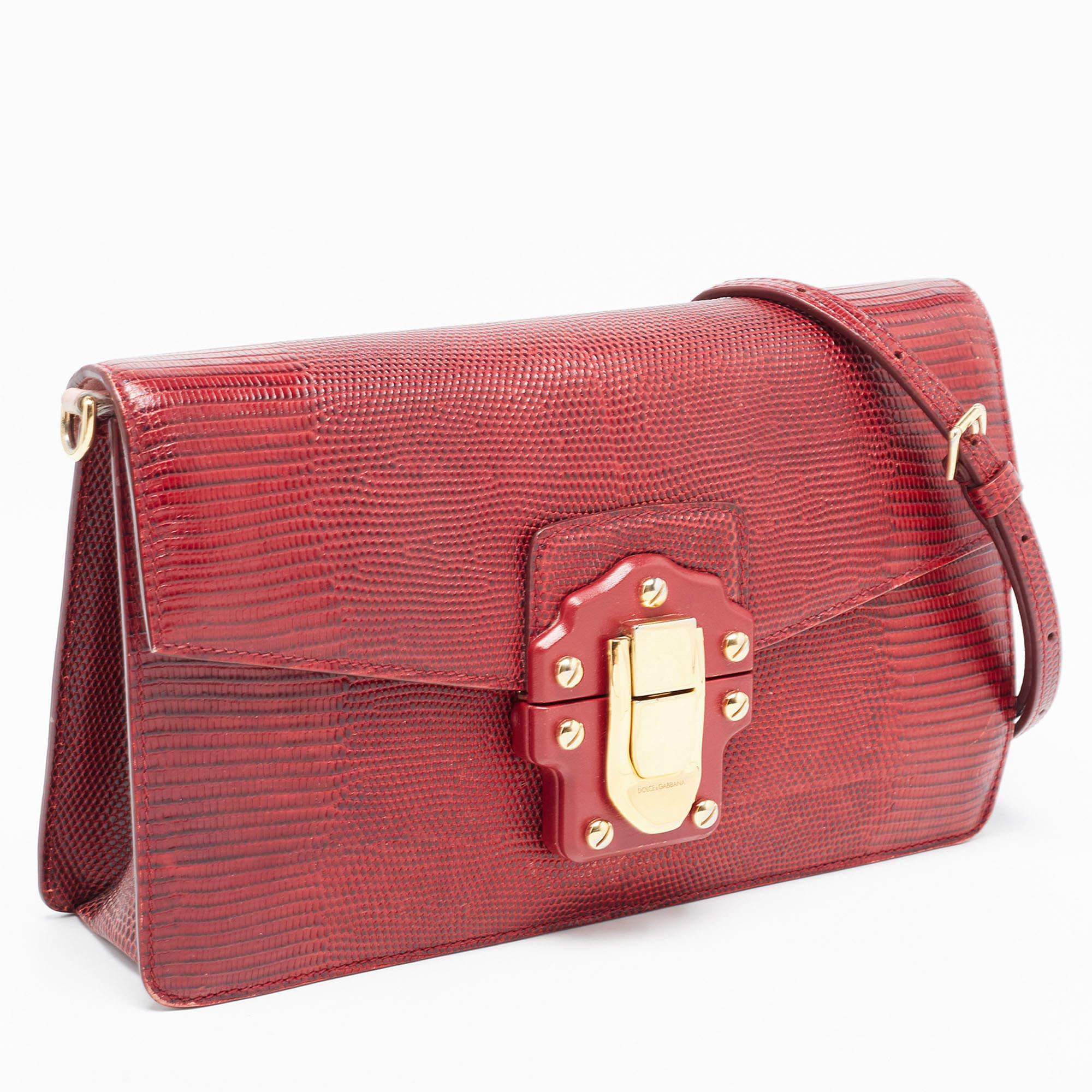 Women's Dolce & Gabbana Dark Red Lizard Embossed Leather Lucia Shoulder Bag