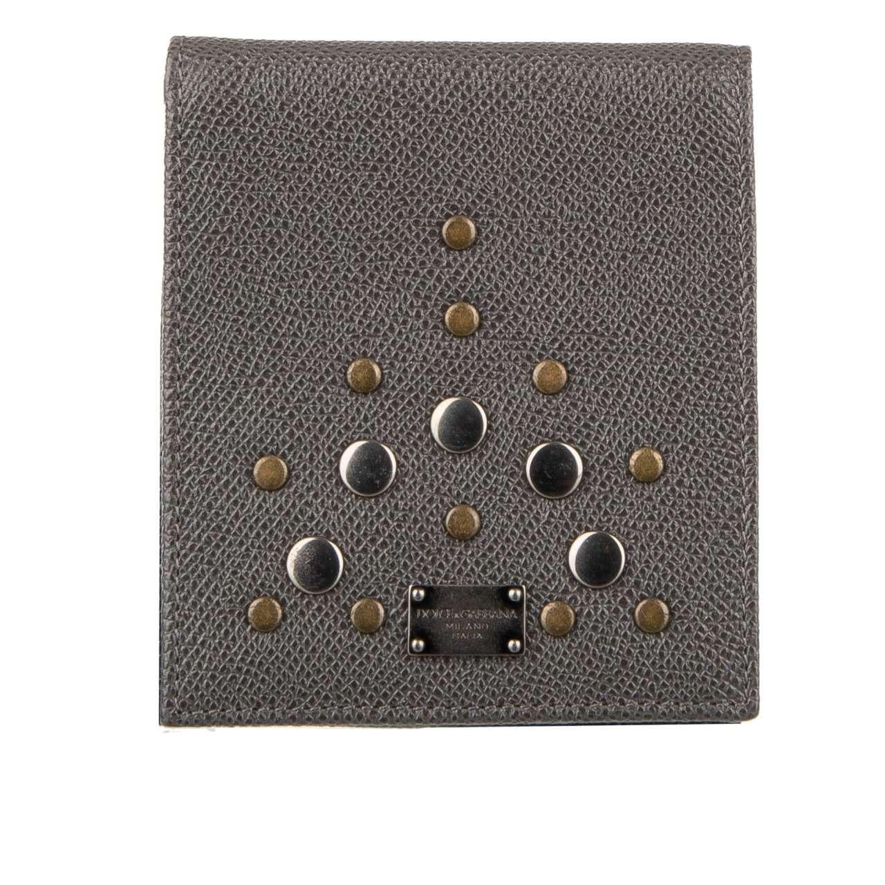 Men's Dolce & Gabbana Dauphine Leather Bifold Wallet with Studs and Logo Plate Gray For Sale