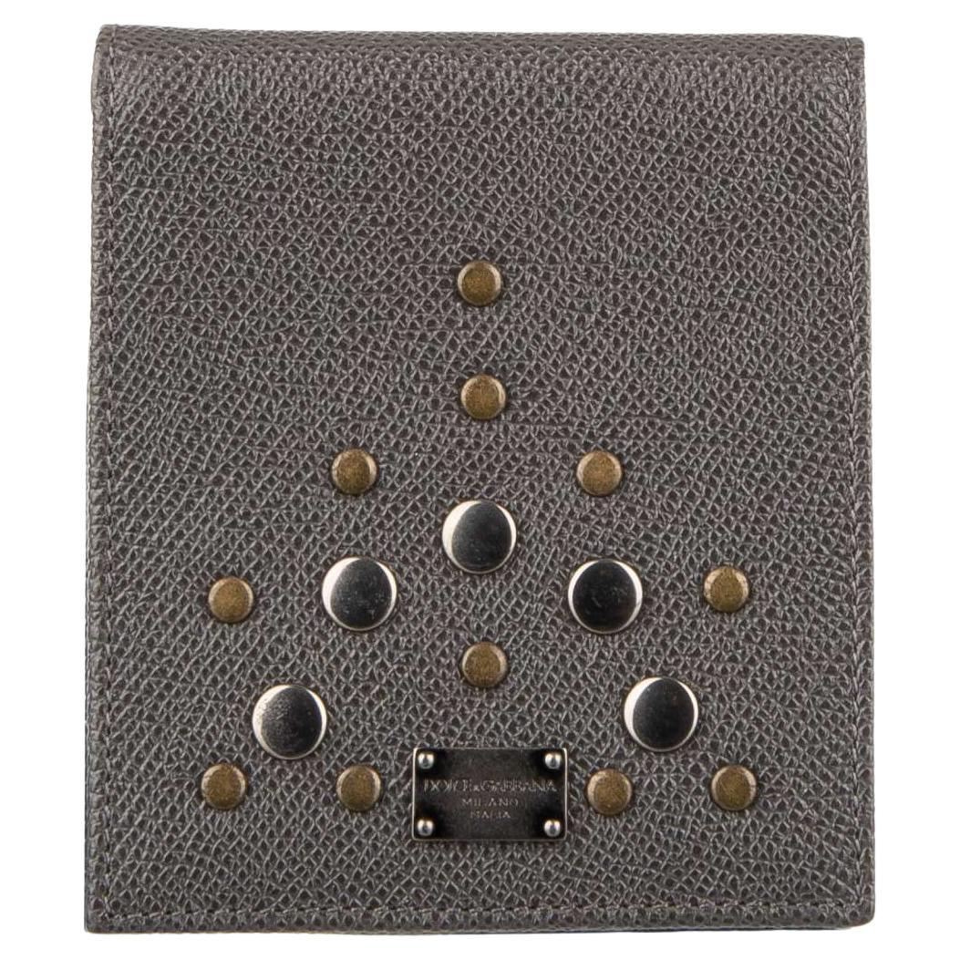 Dolce & Gabbana Dauphine Leather Bifold Wallet with Studs and Logo Plate Gray For Sale