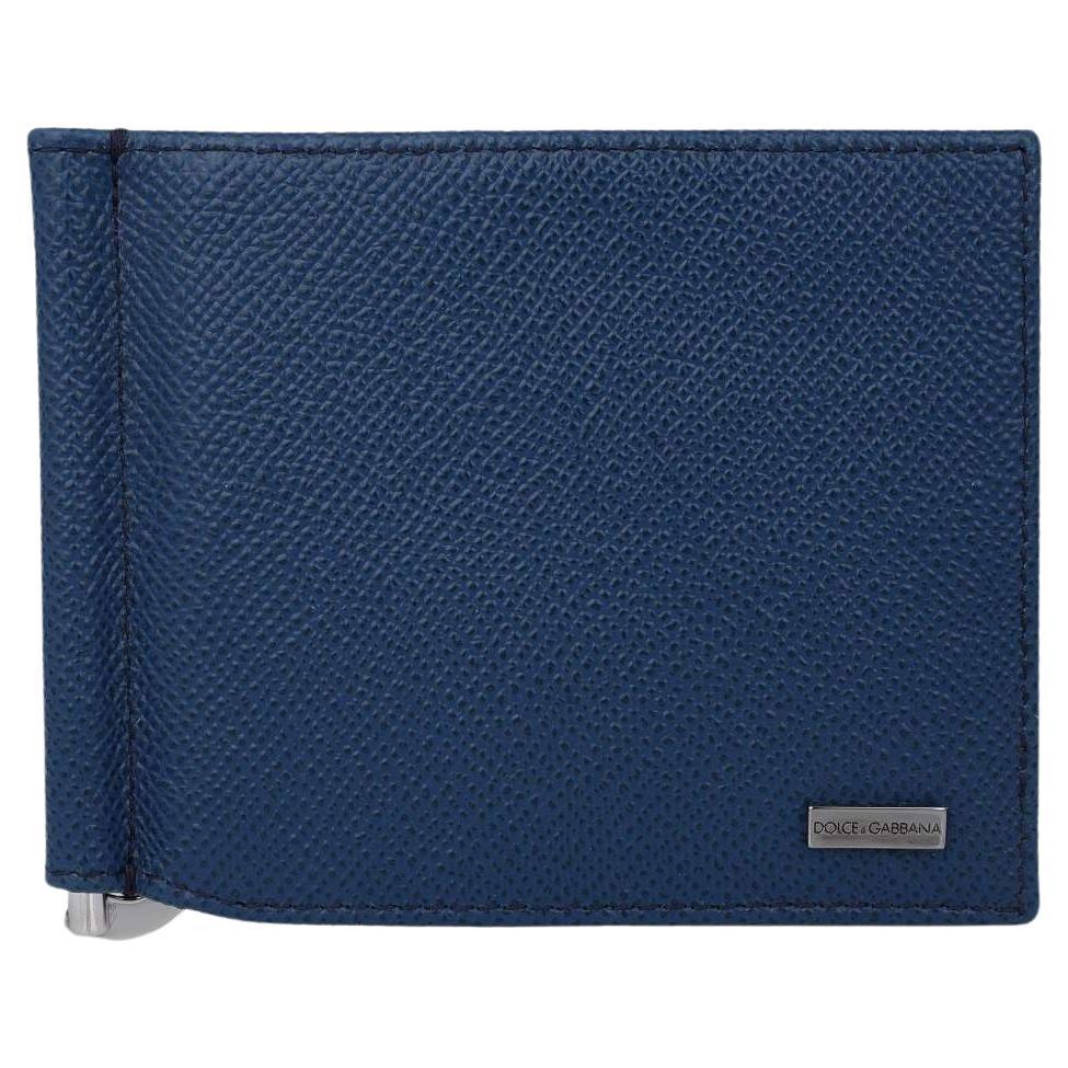 Dolce and Gabbana Dauphine Leather Cards Money Clip Wallet with Logo Plate  Blue For Sale at 1stDibs