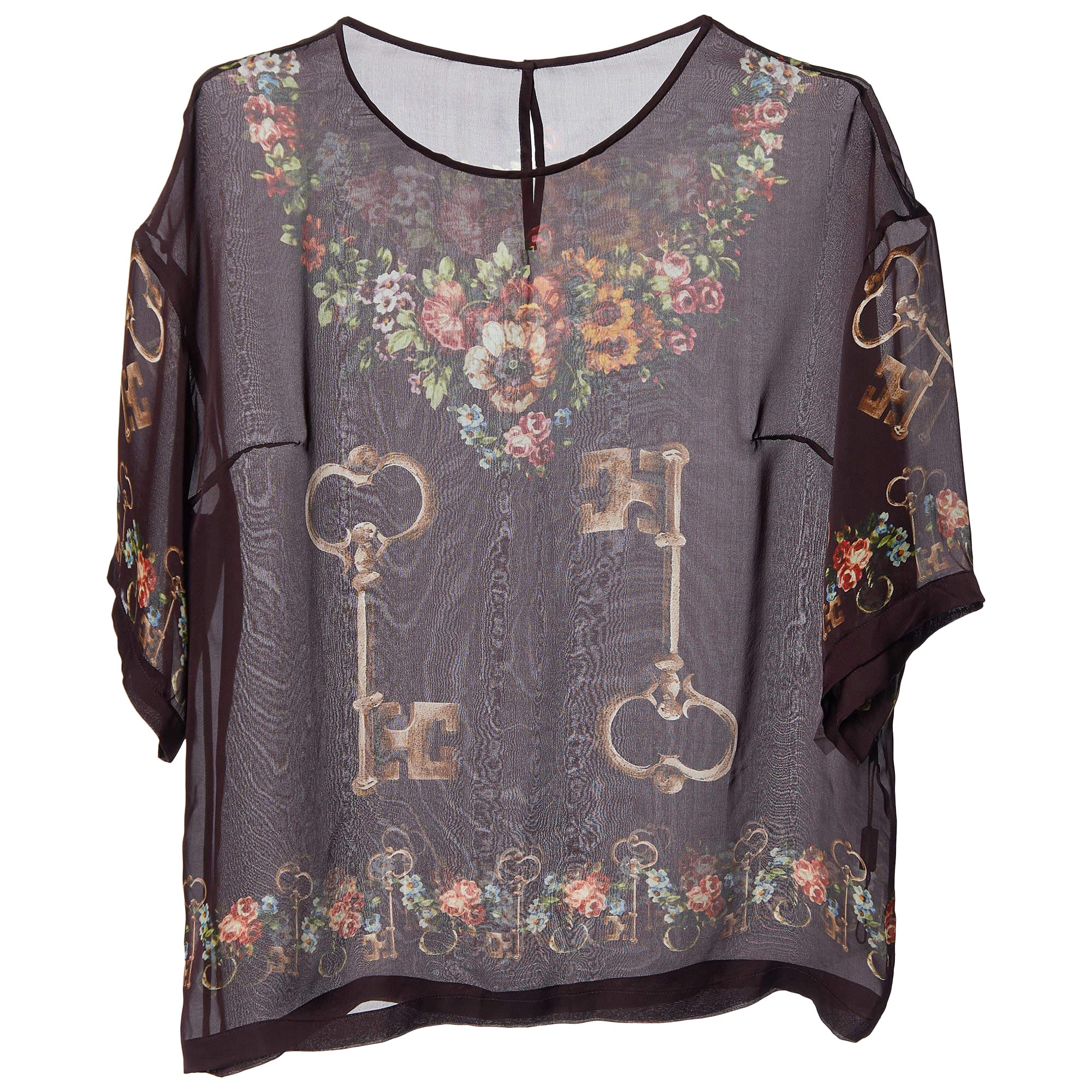 Dolce & Gabbana - Camicetta in seta trasparente con stampa floreale a chiave color maroon profondo S
