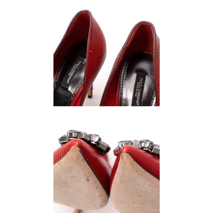 Dolce & Gabbana Deep Red Lizard Embossed Crystal Toe Heeled Pumps For Sale 1
