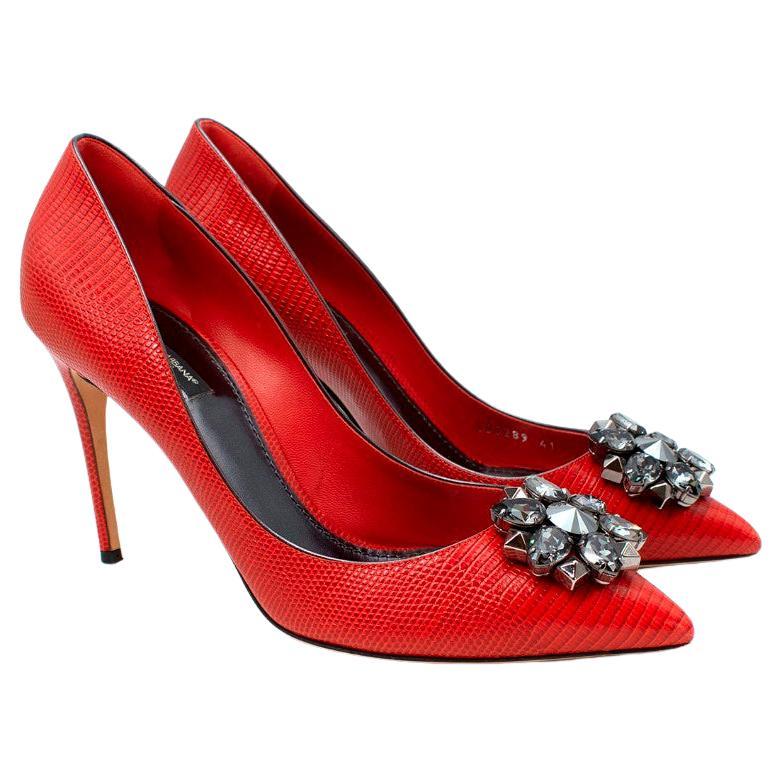 Dolce & Gabbana Deep Red Lizard Embossed Crystal Toe Heeled Pumps For Sale