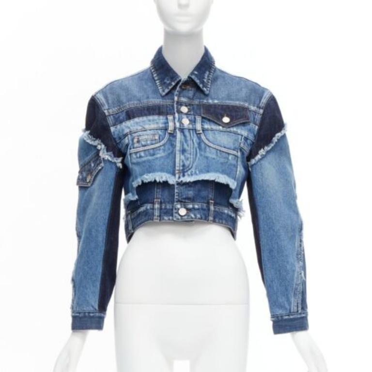 Gray DOLCE GABBANA Denim blue deconstructed patchwork cropped jacket IT38 XS Cardi B