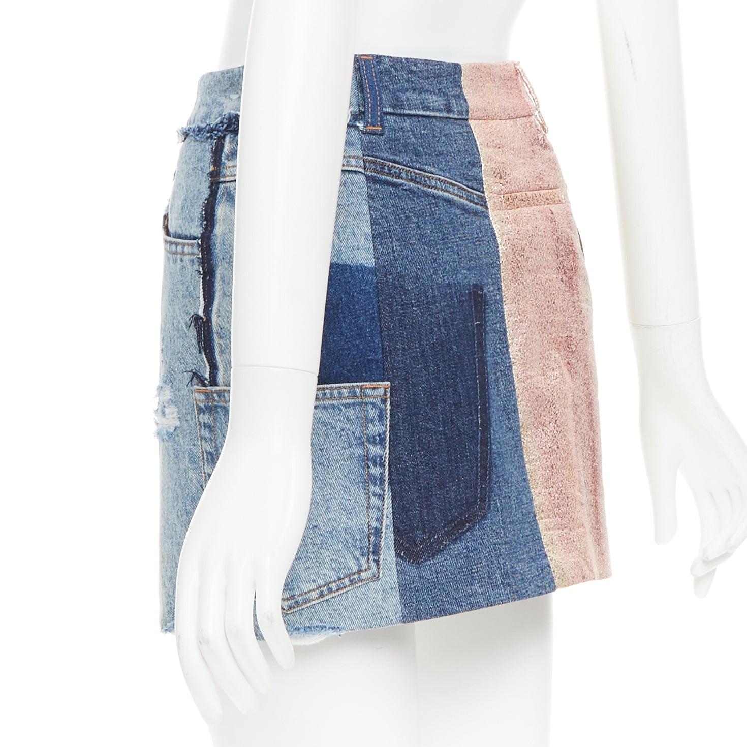 DOLCE GABBANA Denim Minirock gold blau Jacquard Patchwork Minirock IT38 XS Damen im Angebot