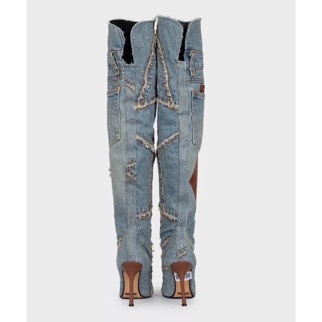 Gris Dolce & Gabbana Denim Pointed Stiletto Boots - Size 36.5 en vente