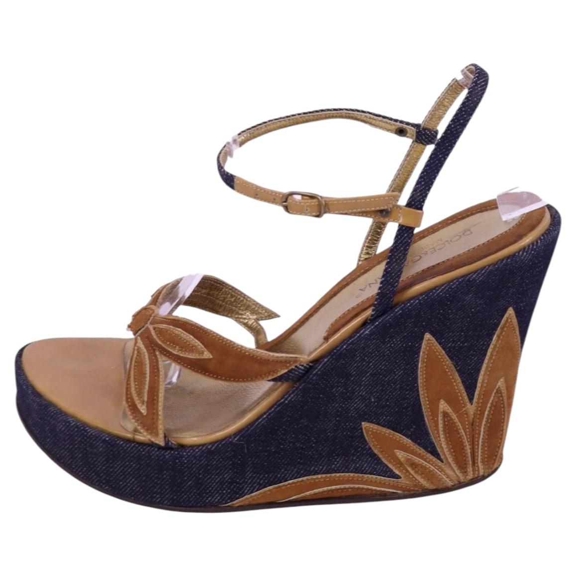 Dolce & Gabbana Denim Wedge Sandals with Leather Appliqué - EU 37