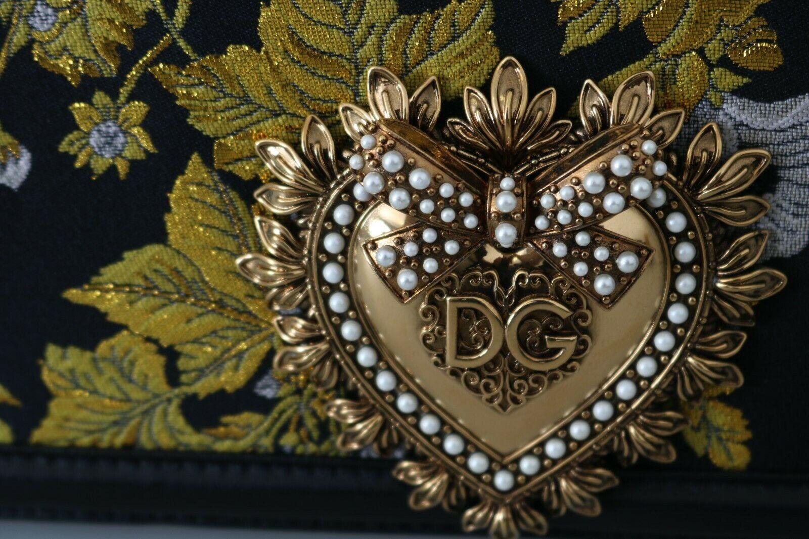 Women's Dolce & Gabbana Devotion Black Yellow Leather Fabric Shoulder Bag Handbag Floral