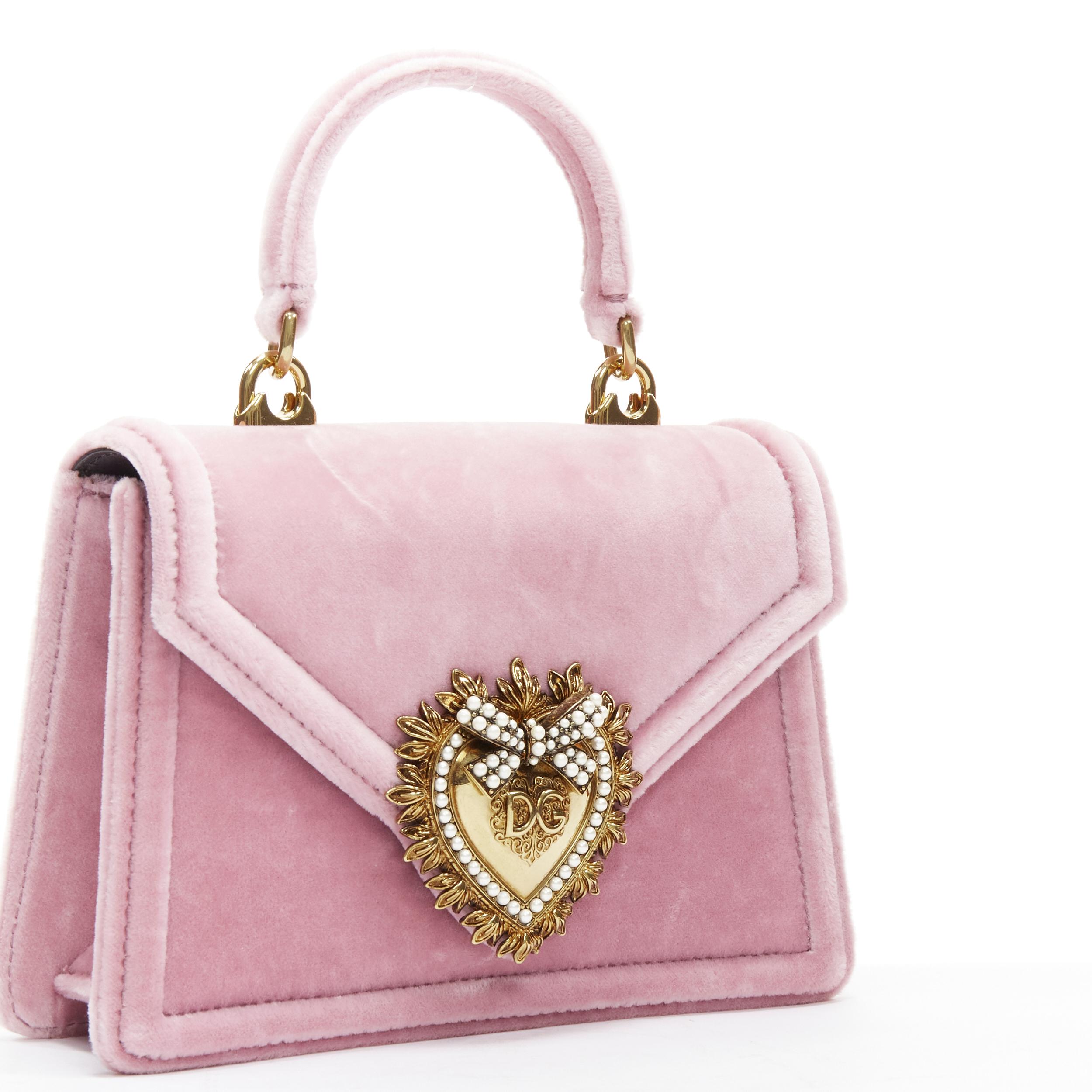 DOLCE GABBANA Devotion pink velvet gold baroque heart top handle crossbody bag In Good Condition In Hong Kong, NT