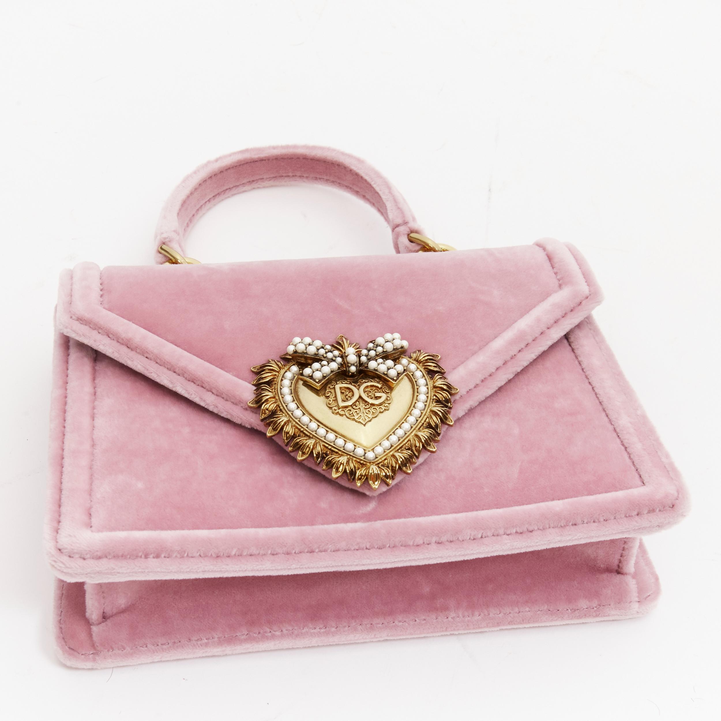 DOLCE GABBANA Devotion pink velvet gold baroque heart top handle crossbody bag 3