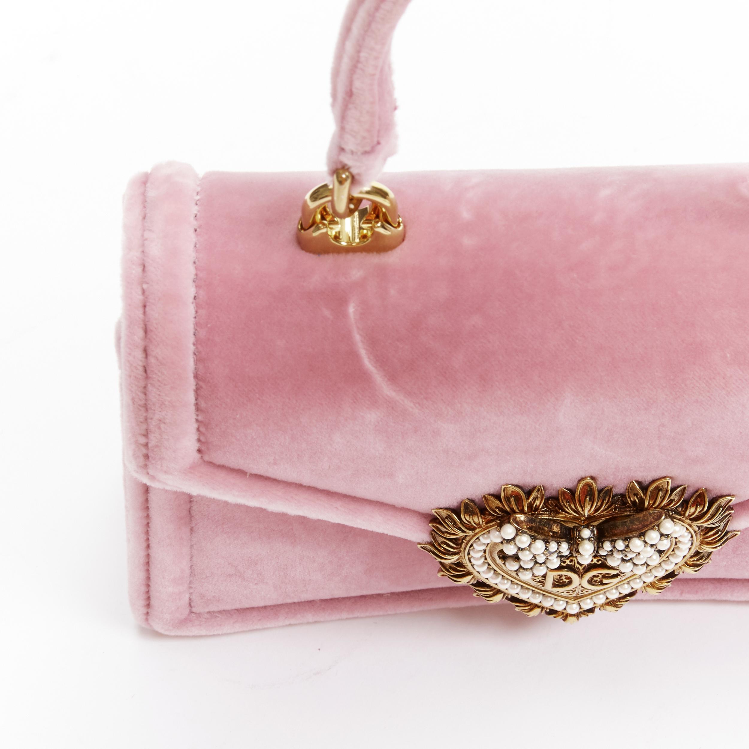 DOLCE GABBANA Devotion pink velvet gold baroque heart top handle crossbody bag 5