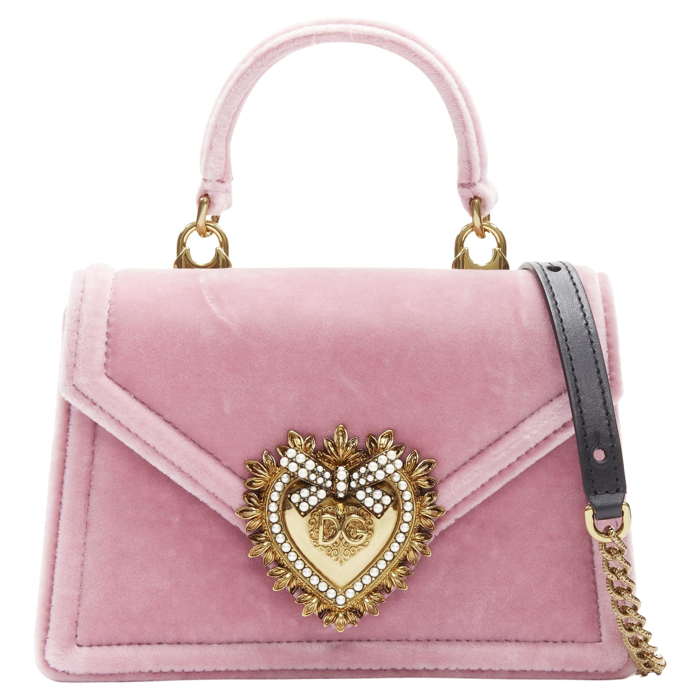 DOLCE GABBANA Devotion pink velvet gold baroque heart top handle crossbody bag