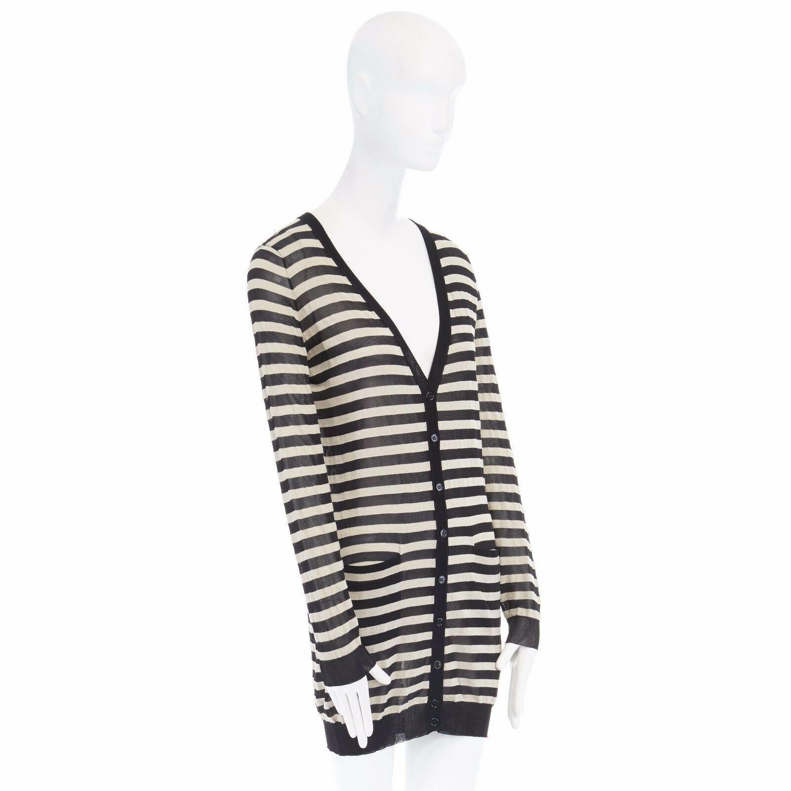DOLCE GABBANA DG beige black striped fine knit long cardigan IT38 US0 XS Reference: LNKO/A00349 
Brand: Dolce Gabbana 
Designer: Domenico Dolce and Stefano Gabbana 
Material: Linen 
Color: Beige 
Pattern: Striped 
Closure: Button 
Extra Detail: