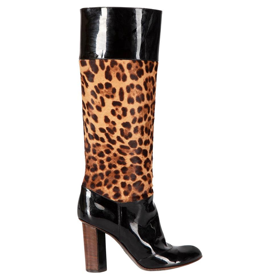 Dolce & Gabbana D&G Black Patent Leopard Print Boots Size IT 38 For Sale