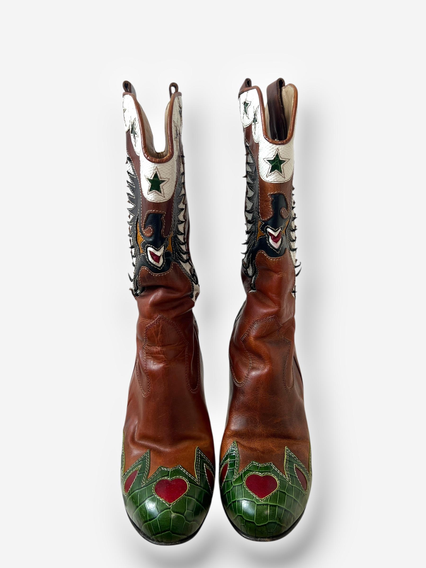 Noir Dolce & Gabbana (D&G) Brown Leather Cowboy Boots with Butterfly Motif, Spring 20 en vente