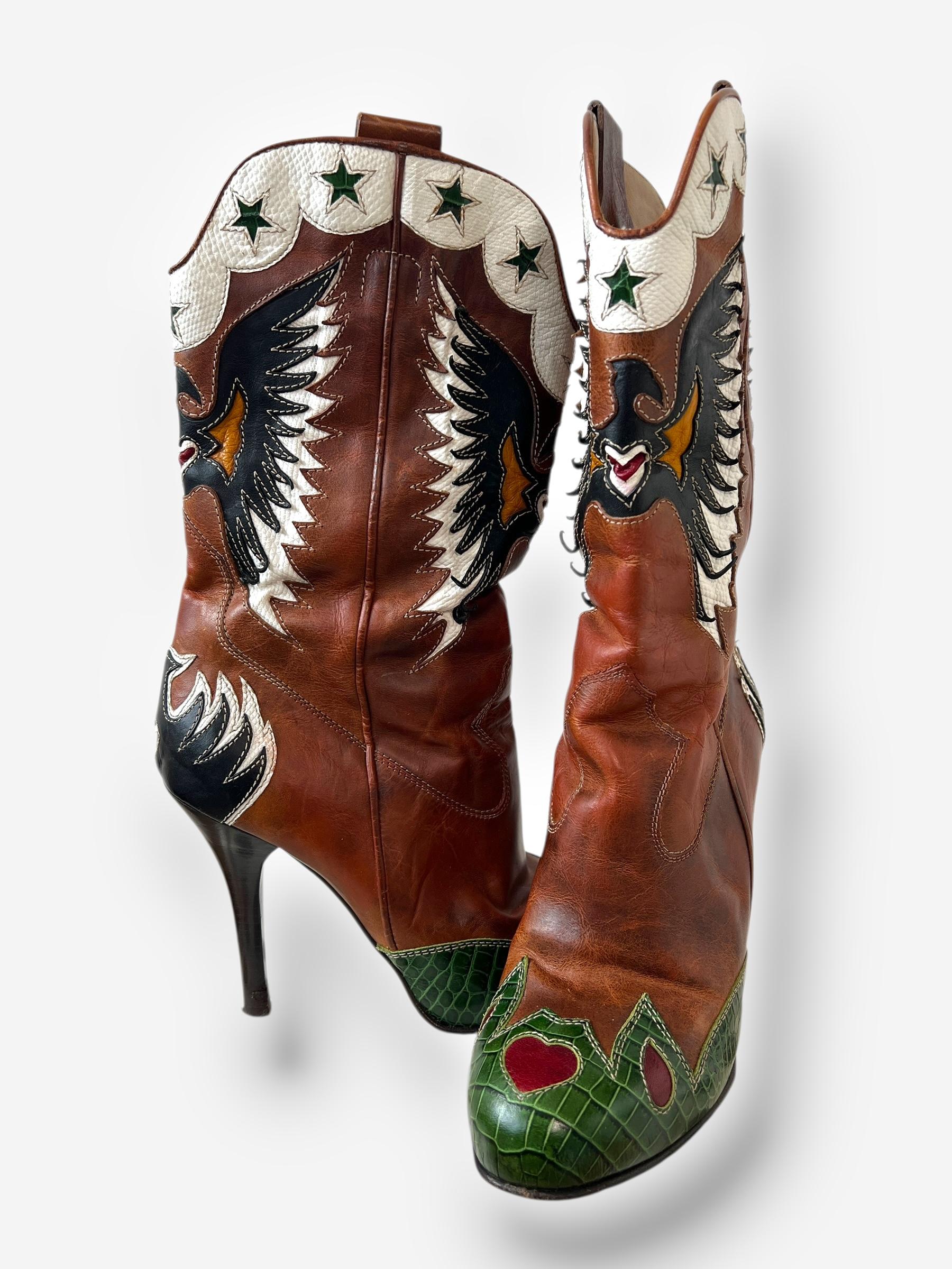 Dolce & Gabbana (D&G) Brown Leather Cowboy Boots with Butterfly Motif, Spring 20 Bon état - En vente à CAPELLE AAN DEN IJSSEL, ZH