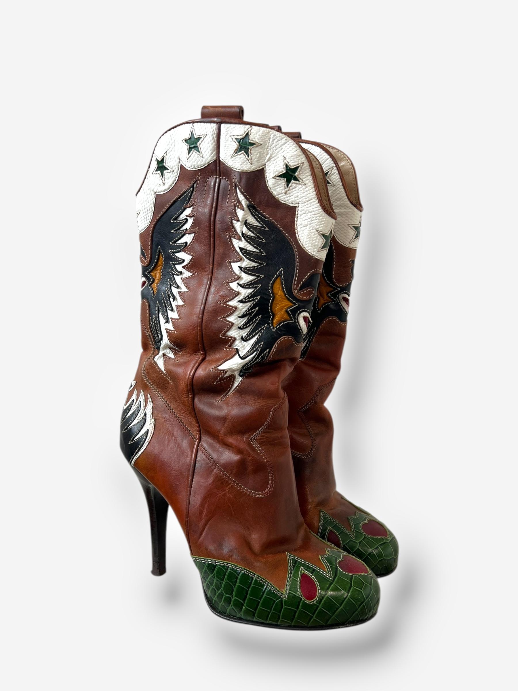 Dolce & Gabbana (D&G) Brown Leather Cowboy Boots with Butterfly Motif, Spring 20 en vente 2