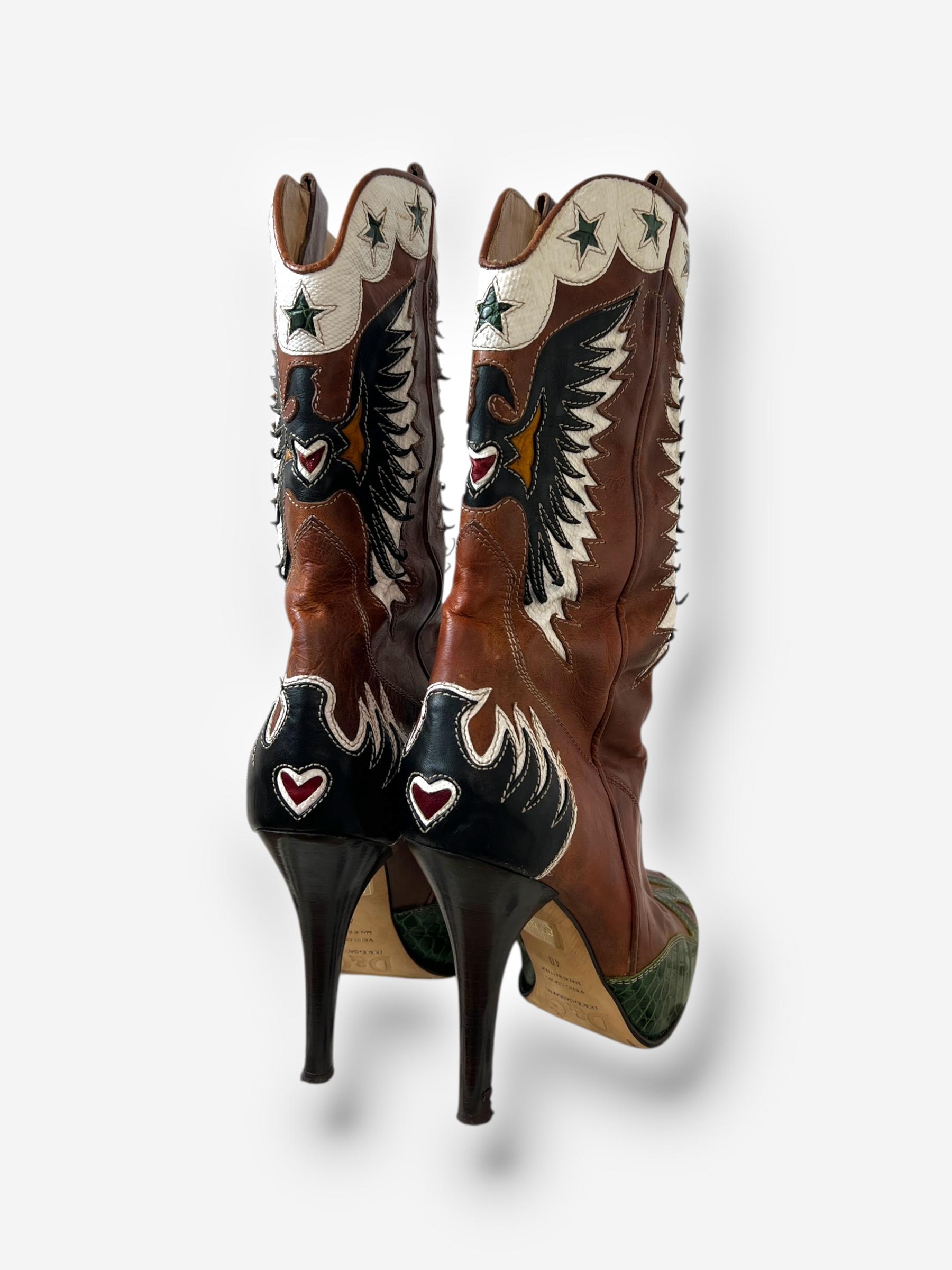 Dolce & Gabbana (D&G) Brown Leather Cowboy Boots with Butterfly Motif, Spring 20 en vente 3