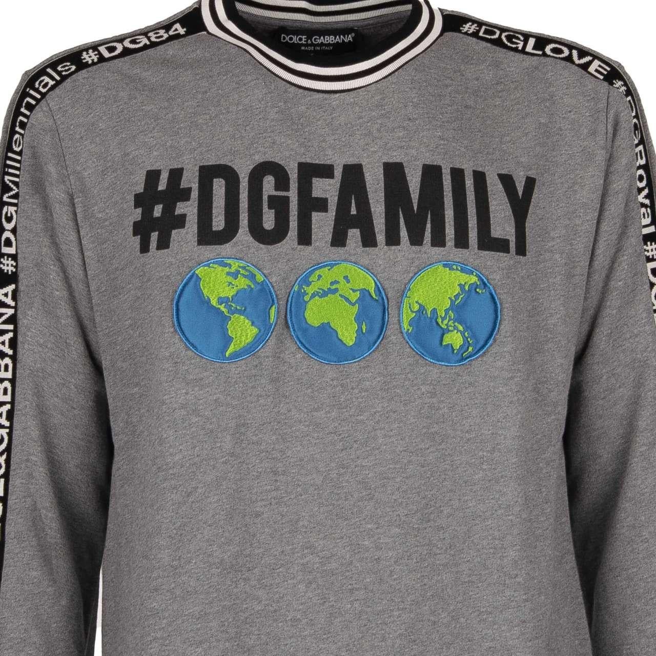 - DG Family Sweater / sweatshirt embellished with Earth embroidery and knitted elements with DG hashtag writings in gray by DOLCE & GABBANA - RUNWAY - Dolce & Gabbana Fashion Show - New with Tags - Former RRP: EUR 545 - MADE IN ITALY - Standard fit