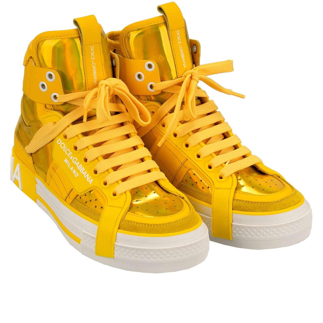 - Lace High Top Sneaker DONNA with rainbow shimmer yellow and DG logo by DOLCE & GABBANA - New with Box - MADE IN ITALY - Former RRP: EUR 895 - Model: CK1870-AO737-80204 - Material: 100% Calf leather - Sole: Rubber - Color: Yellow / White -