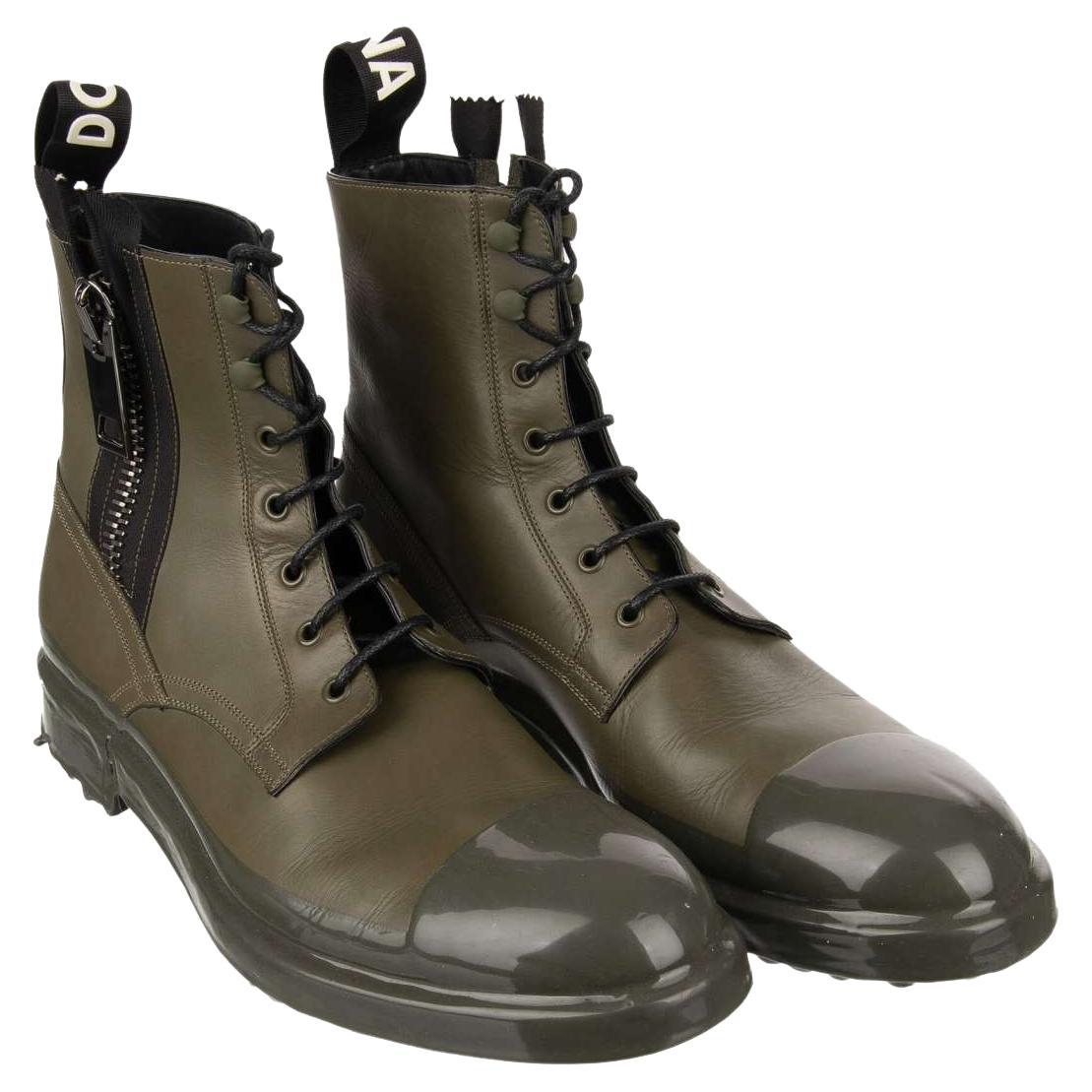 Dolce & Gabbana DG Logo Leather Ankle Boots FIRENZE Military Green EUR 42 For Sale