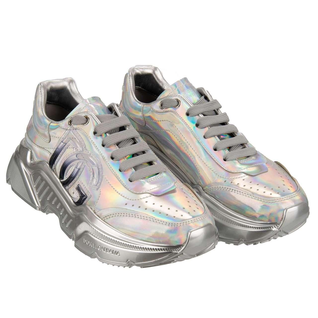 - Lace Sneaker DAYMASTER with rainbow shimmer silver and liquid DG logo by DOLCE & GABBANA - New with Box - MADE IN ITALY - Former RRP: EUR 695 - Model: CK1791-AQ495-80998 - Material: 100% Calf leather - Sole: Rubber - Color: Silver - Dolce&Gabbana