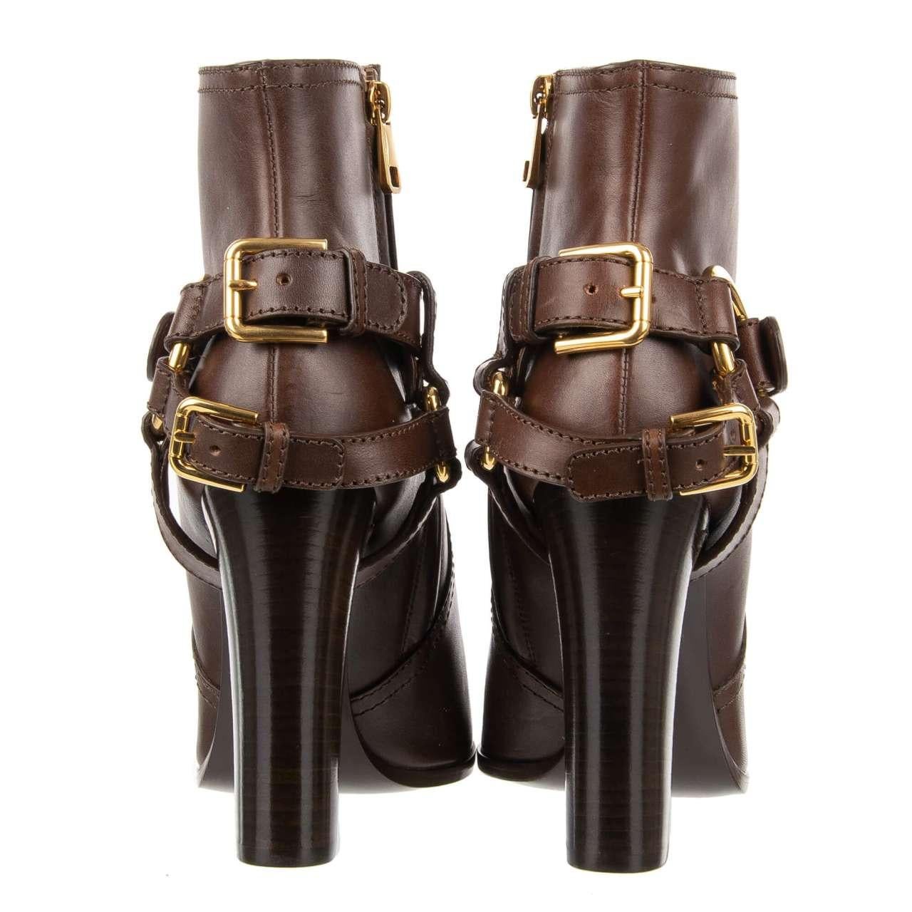 Dolce & Gabbana - DG Logo Straps Leather Boots CAROLINE Brown EUR 37 In Excellent Condition For Sale In Erkrath, DE