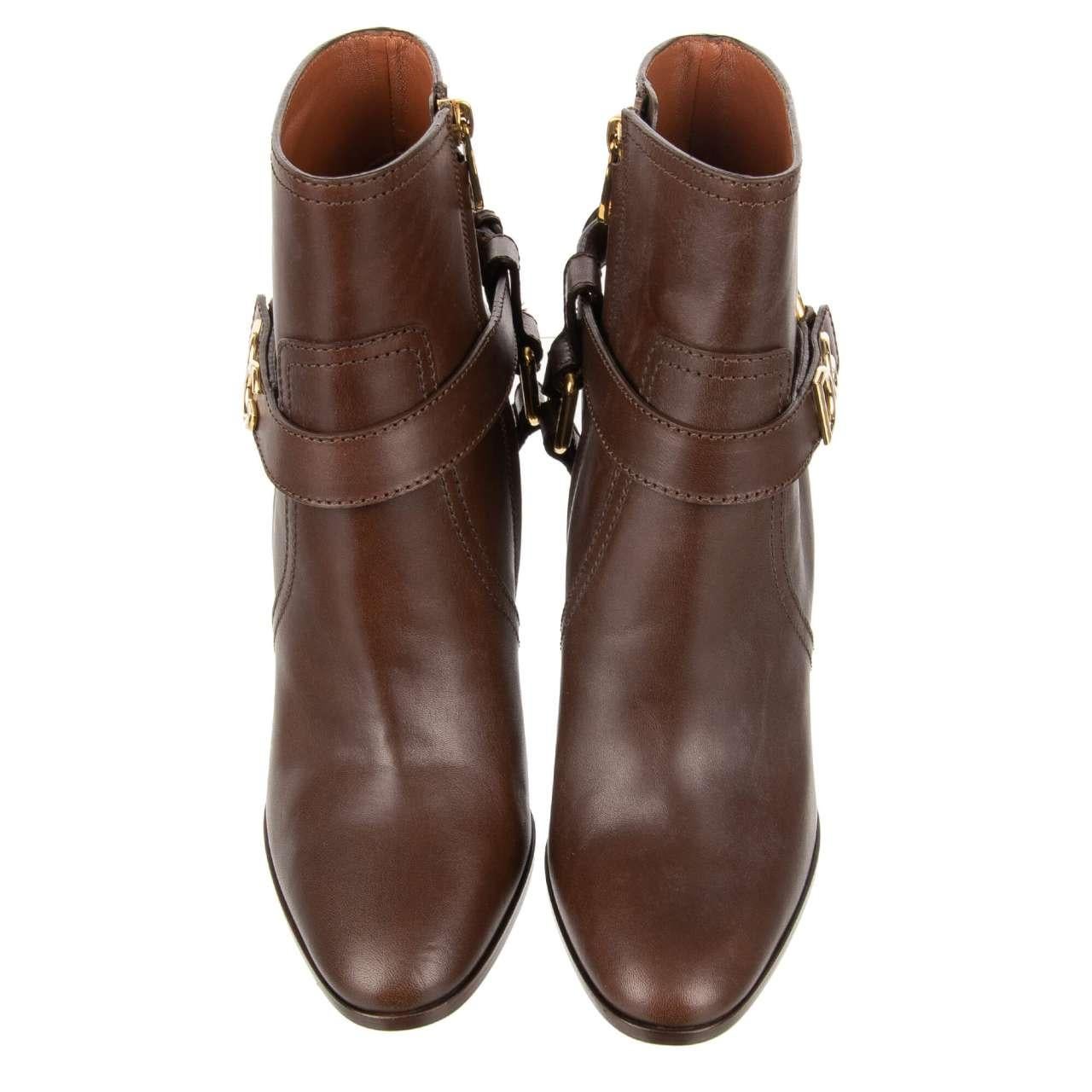 Dolce & Gabbana - DG Logo Straps Leather Boots CAROLINE Brown EUR 37 For Sale 1