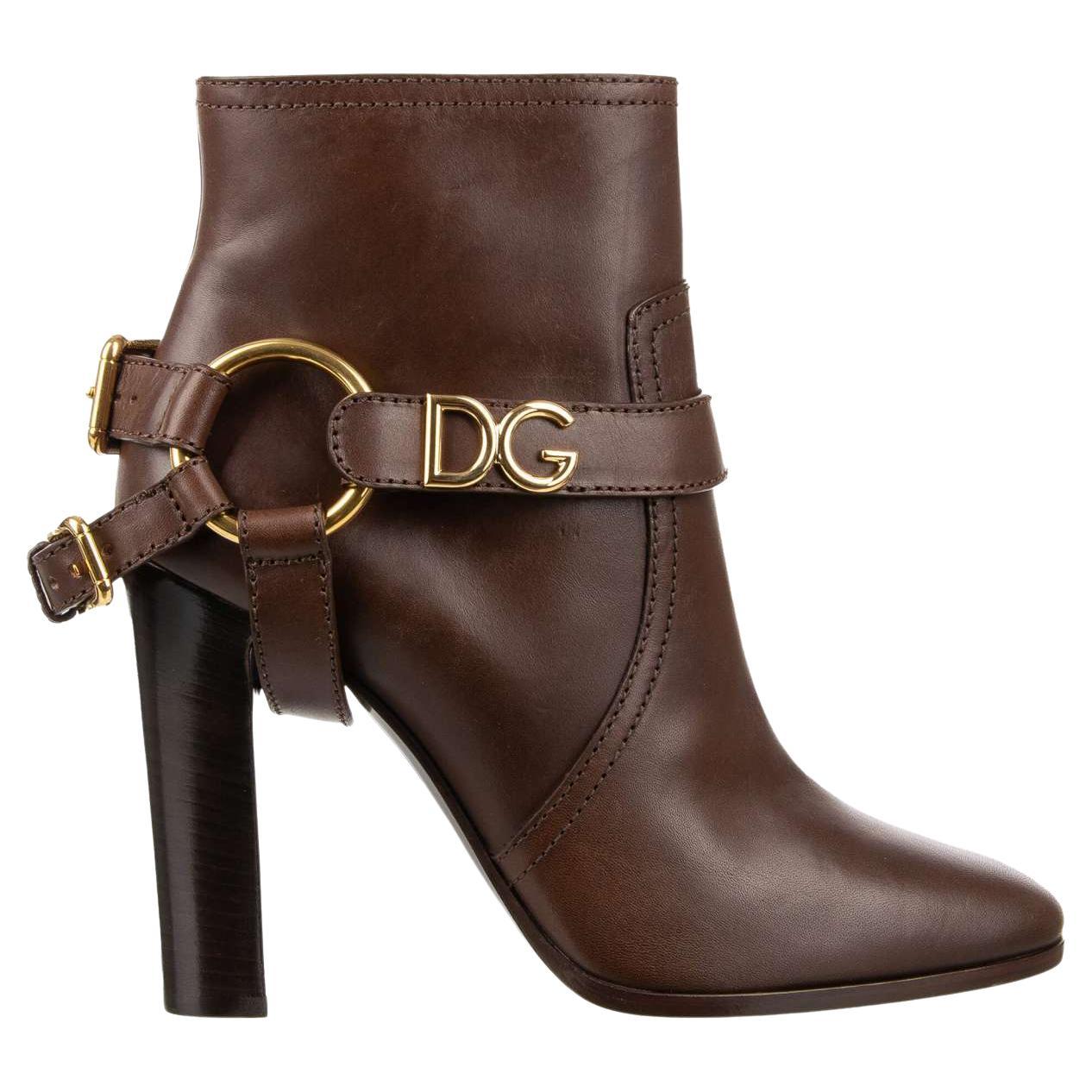 Dolce & Gabbana - DG Logo Straps Leather Boots CAROLINE Brown EUR 37 For Sale
