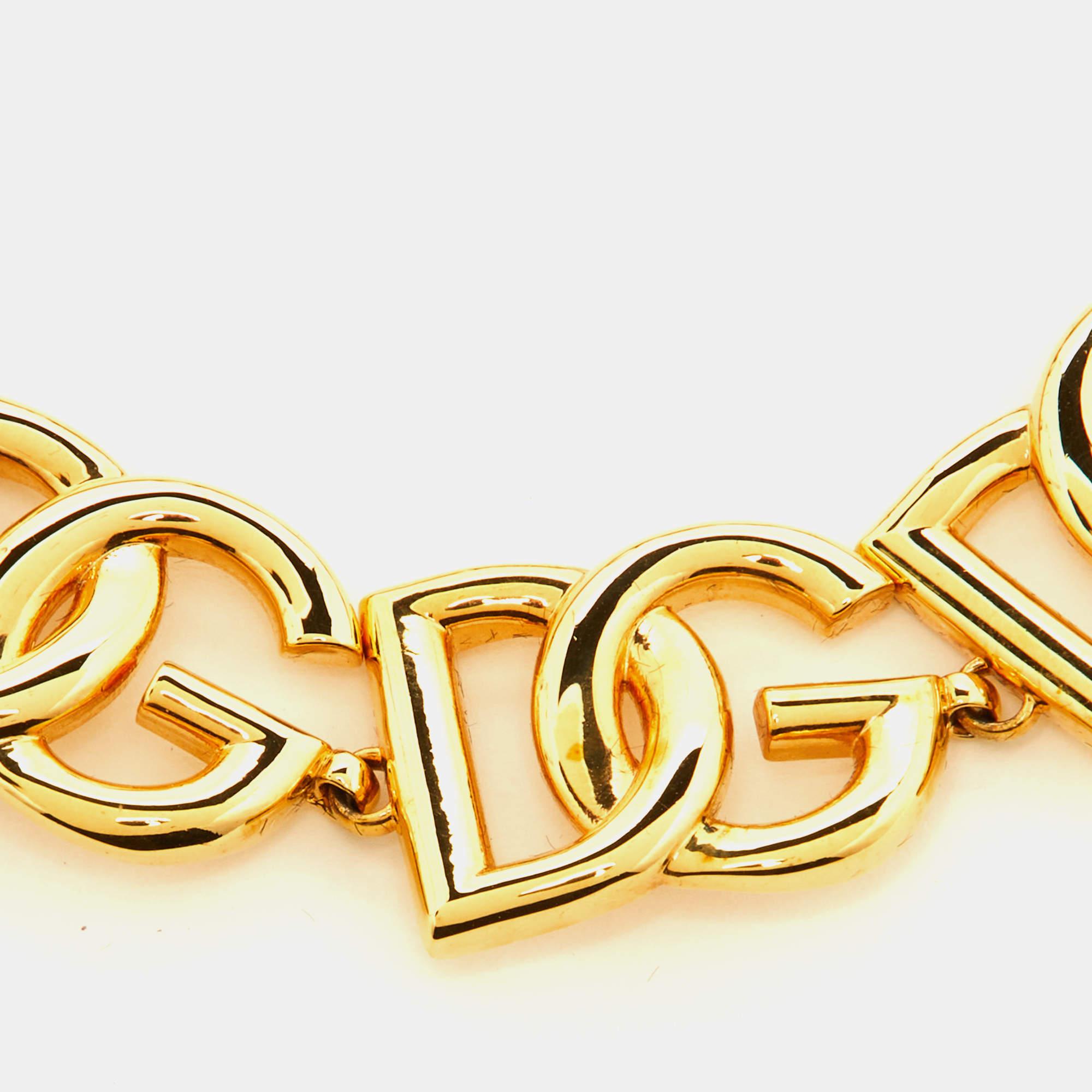 Women's Dolce & Gabbana DG Motif Faux Pearl Gold Tone Chain Link Bracelet