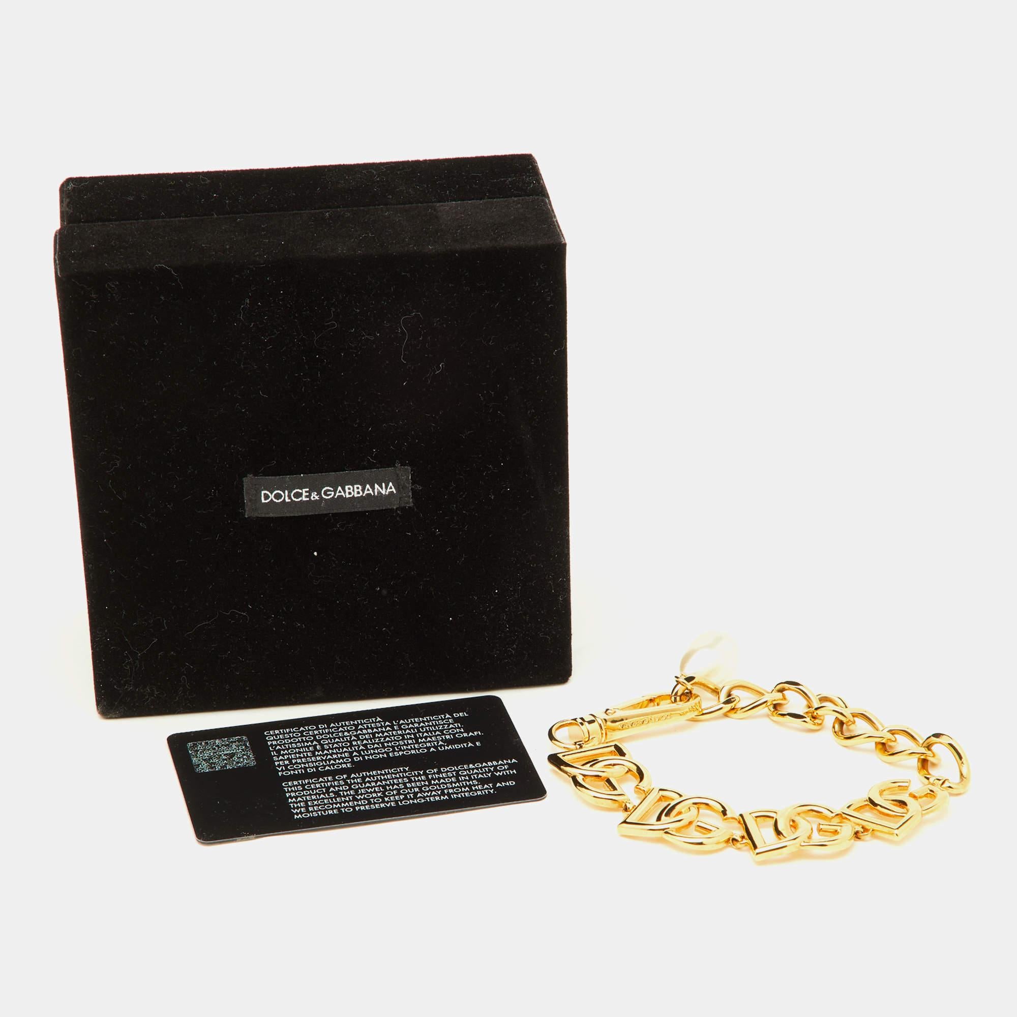 Dolce & Gabbana DG Motif Faux Pearl Gold Tone Chain Link Bracelet 1