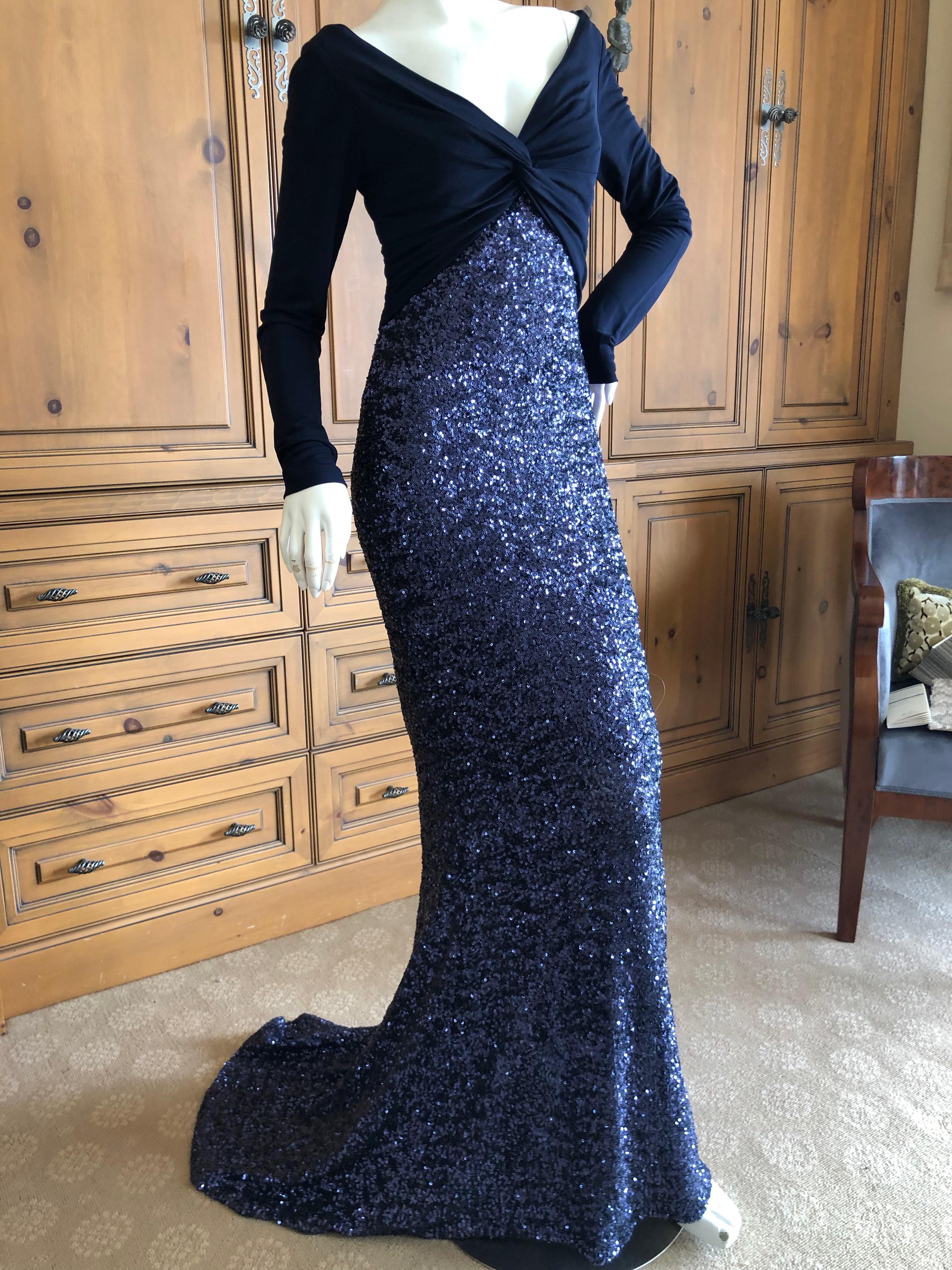 Dolce & Gabbana for D&G Vintage Navy Blue Low Cut Silk Sequin Evening Gown 
There is  a lot of stretch, this is so pretty.
Size 42
Bust 38