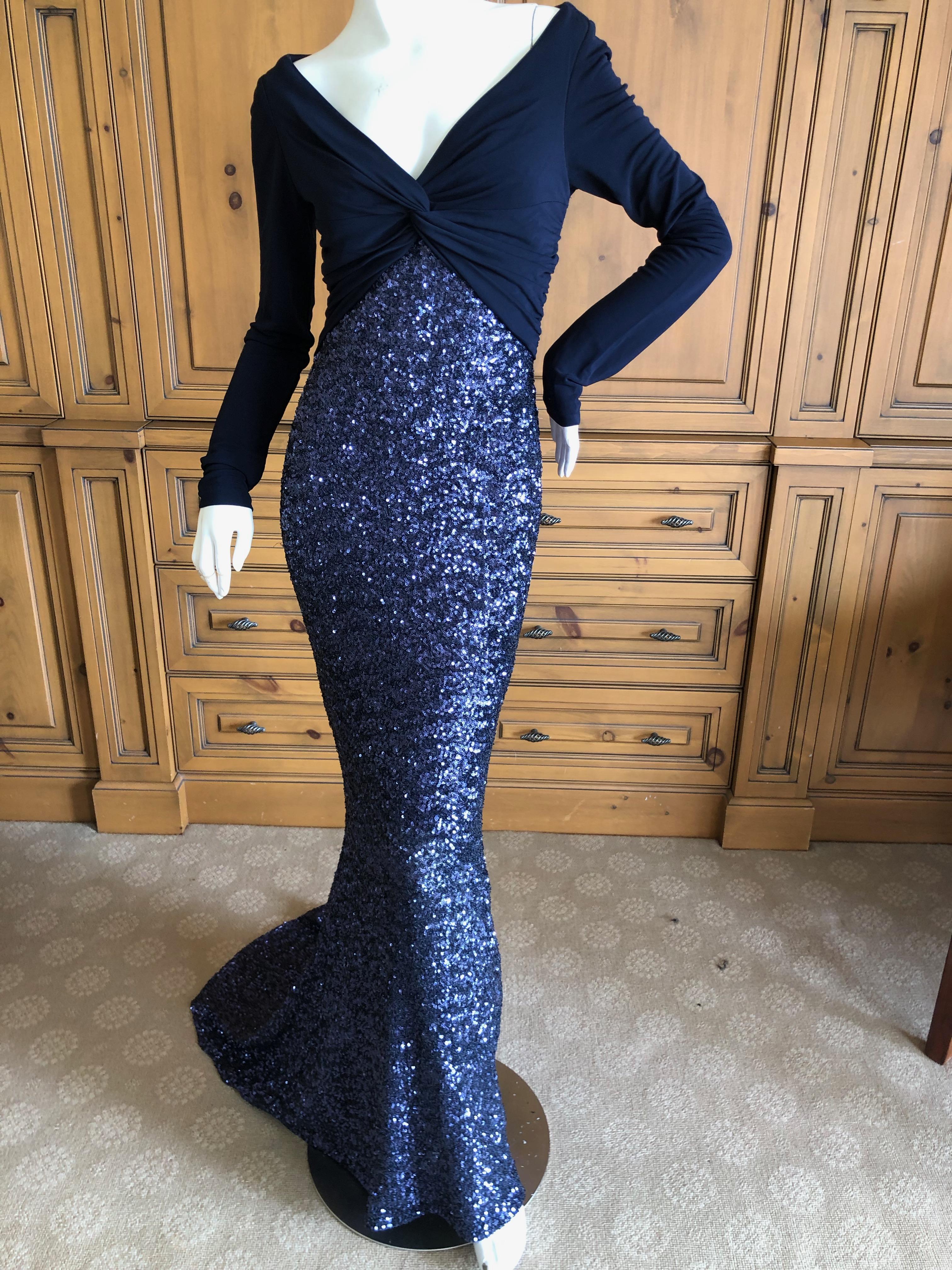 Women's Dolce & Gabbana D&G Navy Blue Low Cut Silk Sequin Evening Gown w Keyhole Back 42 For Sale