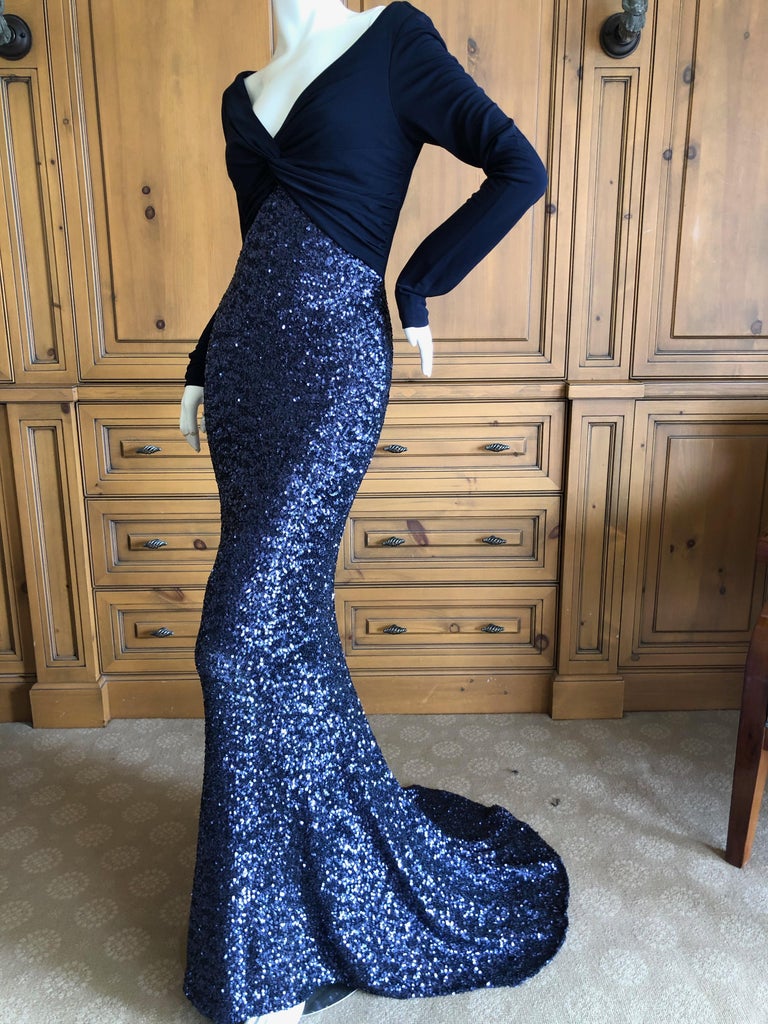Dolce and Gabbana D&G Navy Blue Low Cut Silk Sequin Evening Gown w ...